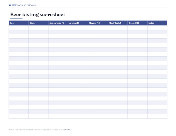 Preview of Printable Beer Tasting Score Sheet